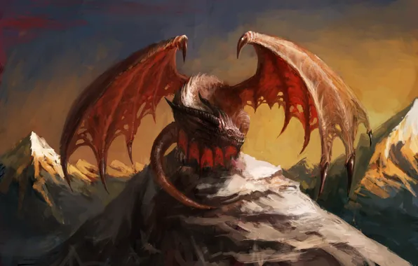 The sky, look, mountains, red, fiction, dragon, wings, art