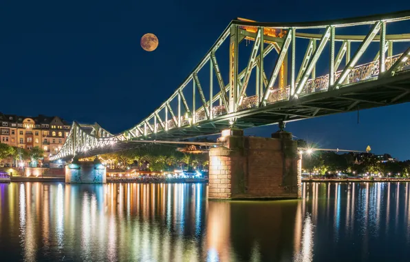 Bridge, lights, river, the moon, building, home, Germany, night city