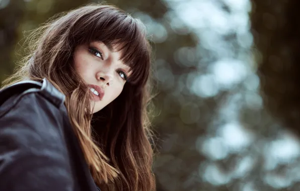 Look, portrait, makeup, jacket, hairstyle, brown hair, beauty, bokeh