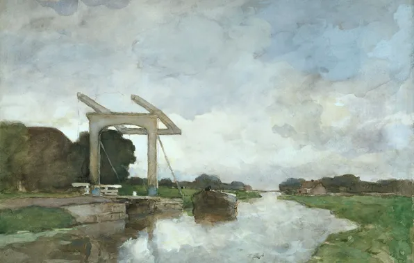 Figure, watercolor, 1903, Johan Hendrik Weissenbruch, Johan Hendrik Weissenbruch, Drawbridge in Noorden