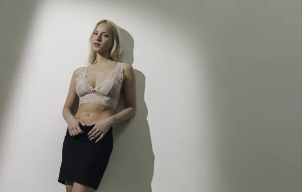 Wall, tatoo, blonde, top, breasts, piercing, belly, looking