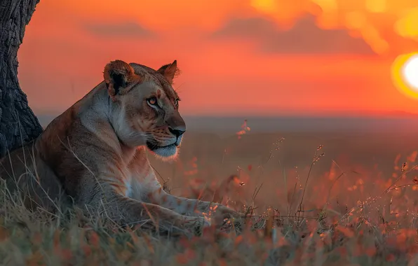 The sun, Grass, Lioness, Dawn, Savannah, Digital art, Big cat, AI art