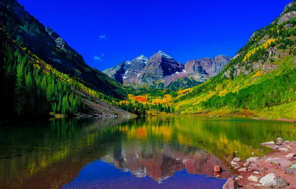 Mountains, lake, reflection, tops, Colorado, Colorado, Rocky mountains, Maroon Lake