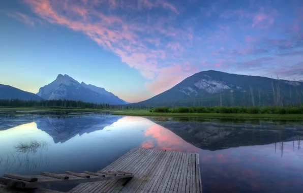 The sky, water, mountains, lake, reflection, the bridge