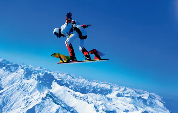Winter, the sky, snow, mountains, parachute, container, skydivers, extreme sports
