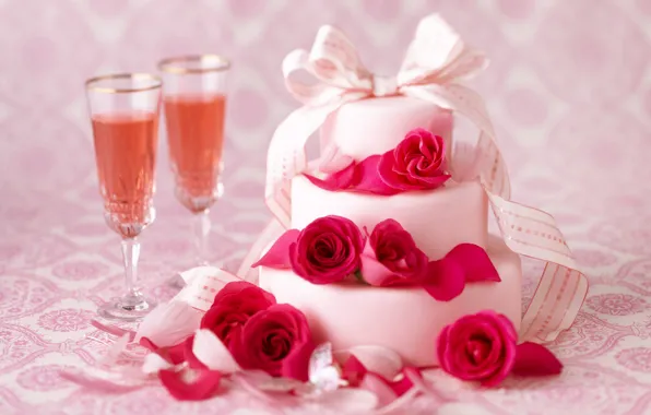 Picture flowers, holiday, wine, roses, glasses, tape, cake, champagne