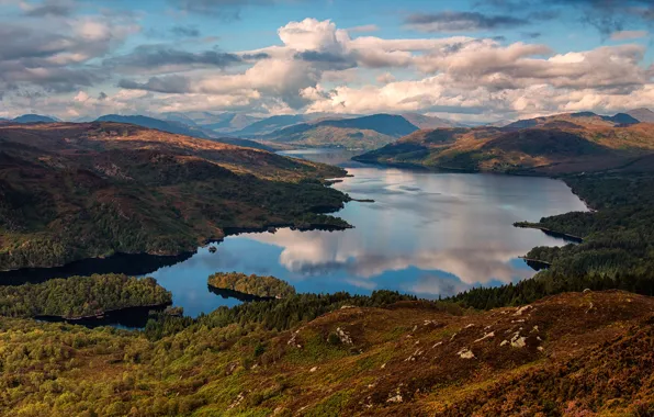 Forest, the sky, the sun, clouds, mountains, lake, Scotland, panorama
