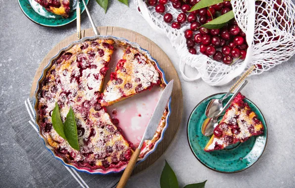 Leaves, cherry, berries, table, mesh, pie, cherry, knife