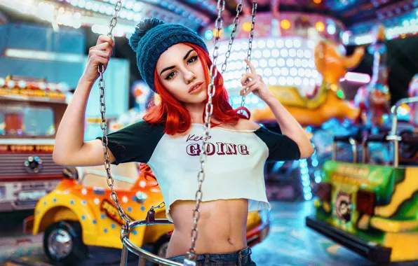 Photography, model, women, redhead, belly, Delaiah Gonzalez, Beanie, looking at viewer