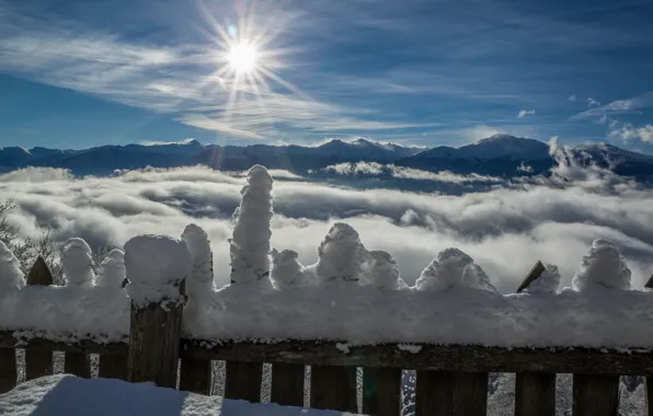 Winter, the sun, snow, mountains, the fence
