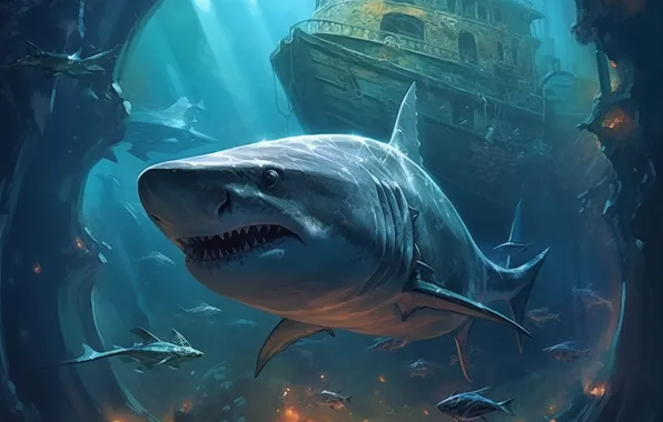 Ship, Shark, The grotto, Predator, Underwater world, Digital art, AI art, The Art of Artificial …