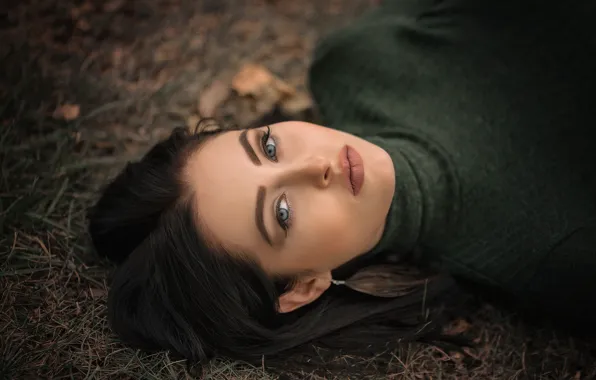 Picture grass, look, model, makeup, brunette, hairstyle, lies, beauty