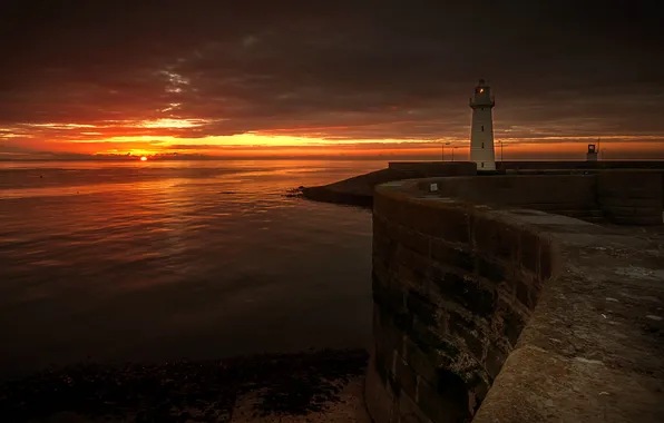 Sea, landscape, night, lighthouse
