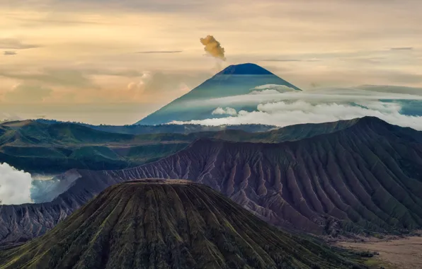 Picture clouds, mountains, the volcano, volcanoes, Bromo, Java, tectonic complex, Tanger