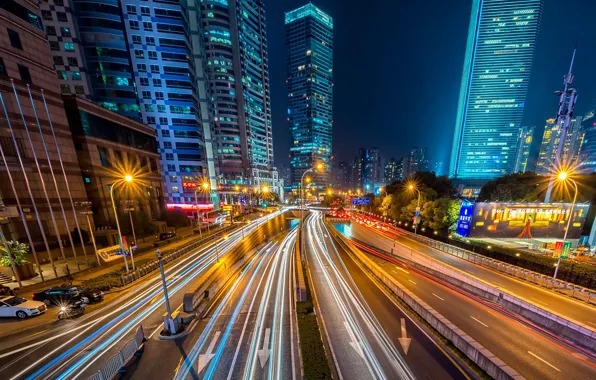 City, lights, night, buildings