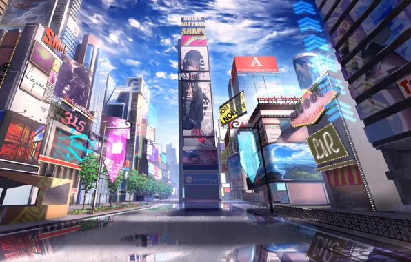 The sky, the city, puddles, signs