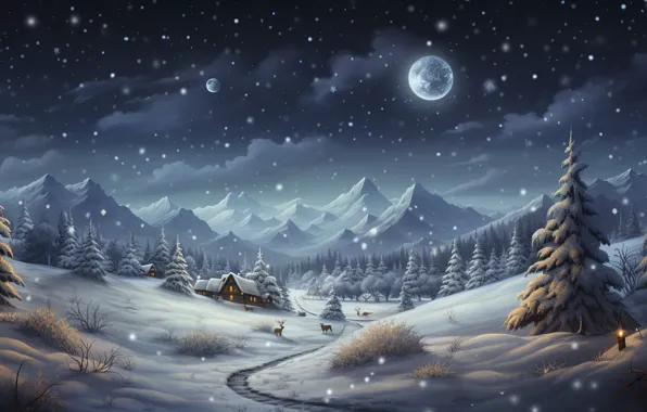Winter, forest, snow, night, house, the moon, Christmas, the snow