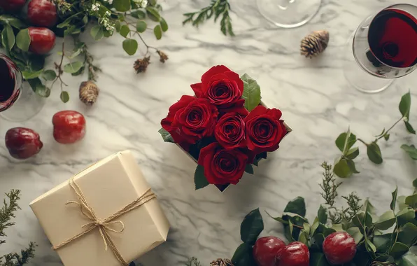 Flowers, table, holiday, gift, wine, apples, roses, bouquet