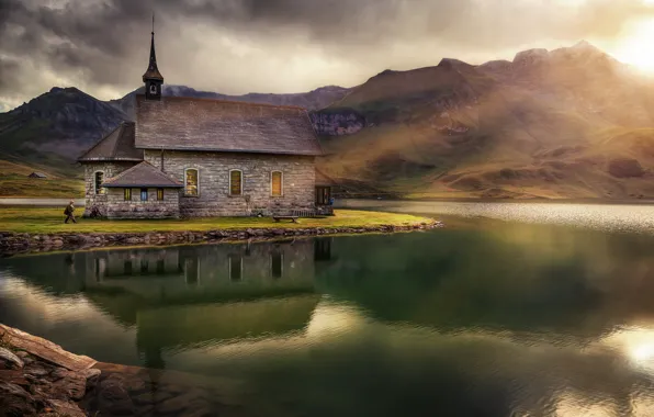 Picture mountains, lake, temple, Chapel In Melchsee