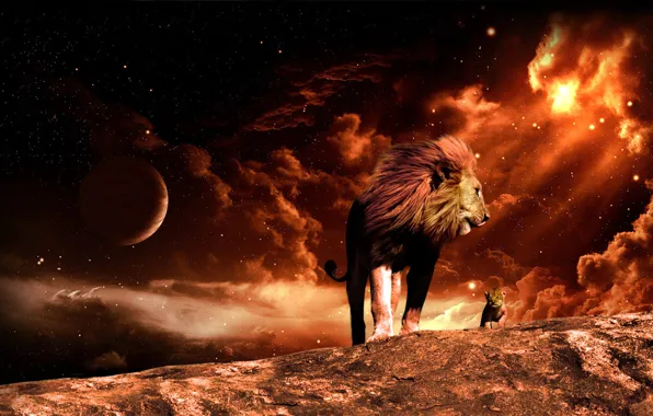 Space, fire, Leo, lion
