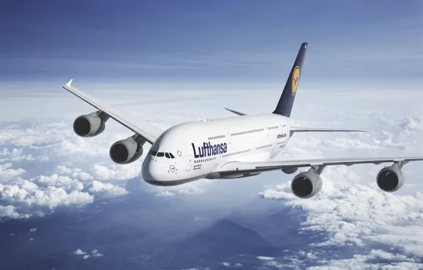 The sky, Clouds, The plane, Liner, Height, A380, Lufthansa, Passenger
