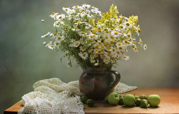 Picture flowers, apples, chamomile, still life