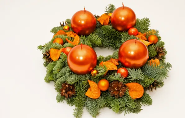 Picture candles, New Year, Branches, Balls, Spruce, garland, Bumps, White Background