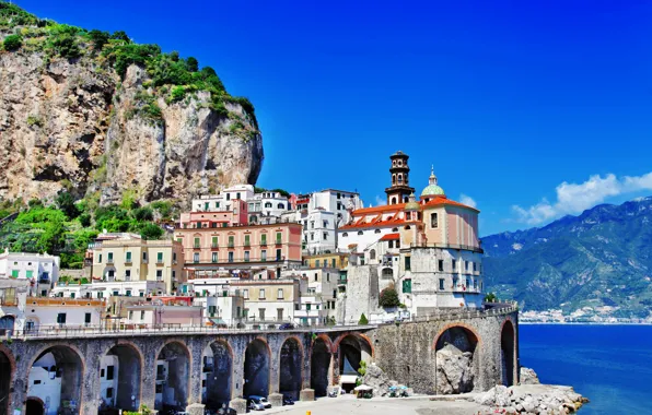 Picture sea, landscape, mountains, nature, rocks, shore, coast, building, home, Italy, Church, Italy, Amalfi, dome, Amalfi, …