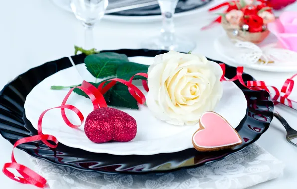 Picture flower, rose, heart, glasses, plates, serpentine, napkin, serving