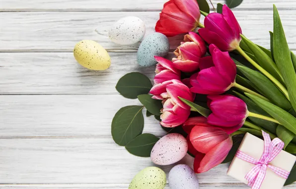 Flowers, eggs, spring, colorful, Easter, tulips, happy, wood