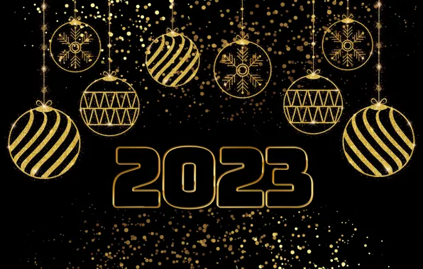 Gold, balls, New Year, figures, golden, happy, balls, New Year