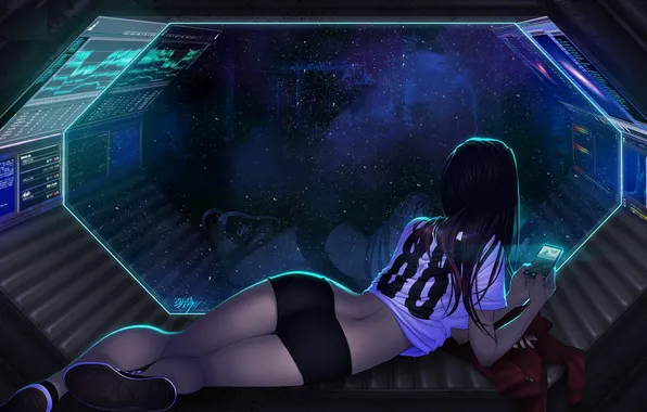 Girl, space, reflection, fiction, back, view, ship, art