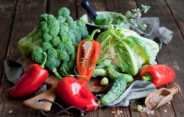 Greens, red, pepper, vegetables, cabbage, scissors, cucumbers, broccoli
