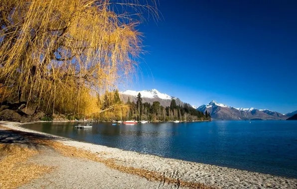 Picture sand, autumn, beach, the sky, trees, mountains, lake, boat