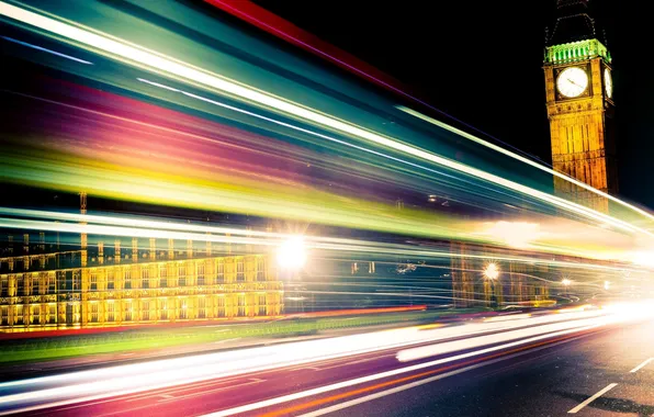 Night, the city, lights, strip, England, London, speed