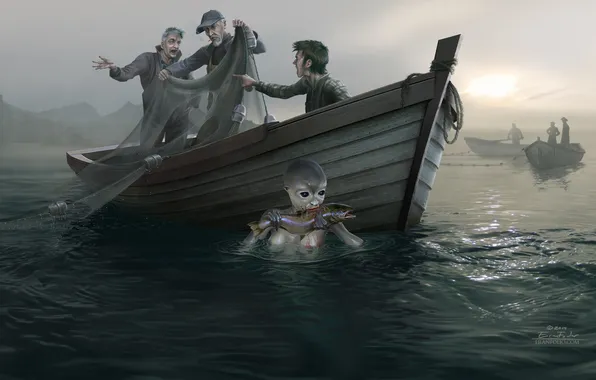 Sea, boat, fish, fishermen, monster, catch