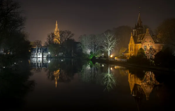 Night, lights, reflection, Belgium, Bruges, West-Flanders