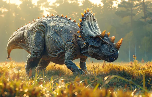 Grass, Trees, Dawn, Dinosaur, Horns, Triceratops, Animal, Digital art