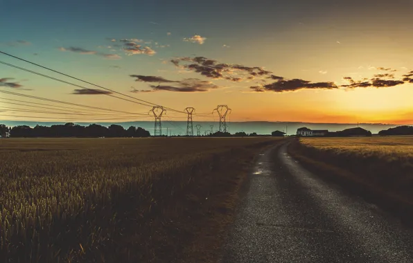 Picture road, the sky, clouds, sunset, house, hills, field, horizon