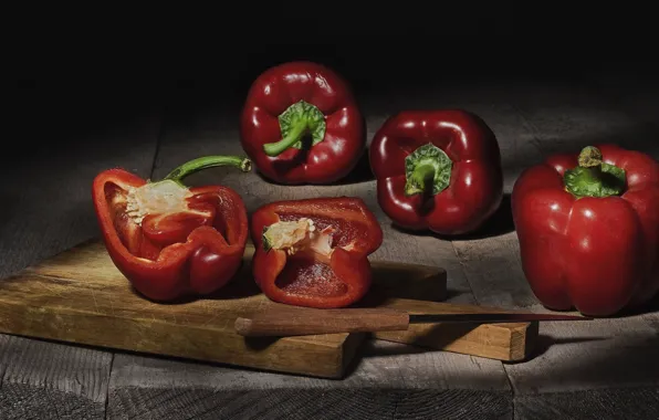 Knife, Board, pepper, bell pepper, red pepper