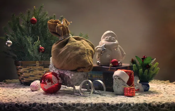 Tree, gifts, sleigh, Santa Claus, bag