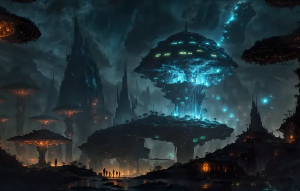The city, fiction, civilization, the night sky, another world, alien world, digital art, AI art