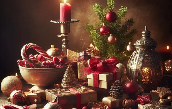 Balls, light, table, gift, candles, Christmas, gifts, dishes