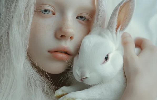 White, look, pose, hare, portrait, rabbit, girl, freckles