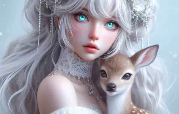 Winter, snow, portrait, deer, girl, AI art, neural network
