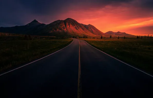 Picture grass, road, sky, trees, landscape, nature, sunset, mountains