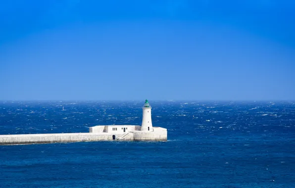 Picture sea, lighthouse, horizon, blue sky, the troubled sea