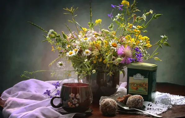 Tea, bouquet, Cup, still life, cakes, wildflowers