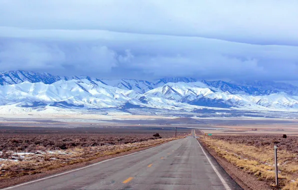 Road, field, the sky, clouds, snow, mountains, clouds