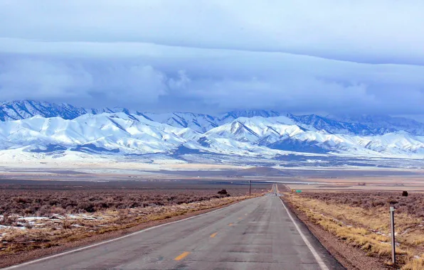 Picture road, field, the sky, clouds, snow, mountains, clouds